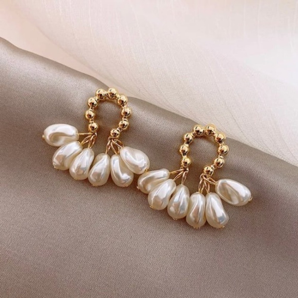 Korean Gold Beaded Hoop Baroque Pearl Cluster Drop Earrings S925‎ Post